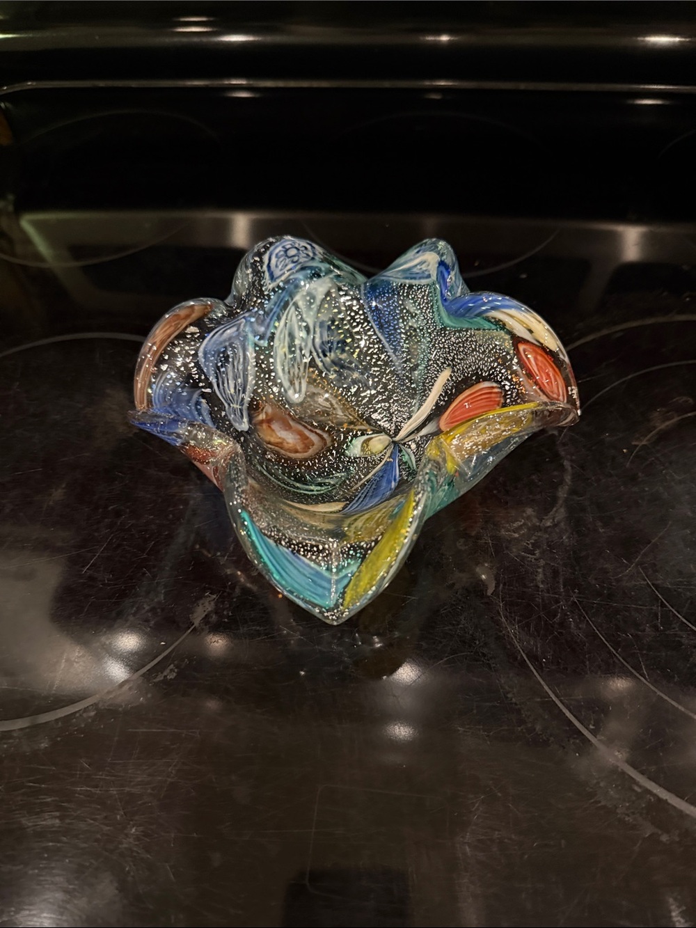 Murano Multicolor Swirl Glass Art Bowl with Blue, Yellow, Red and Teal Accents